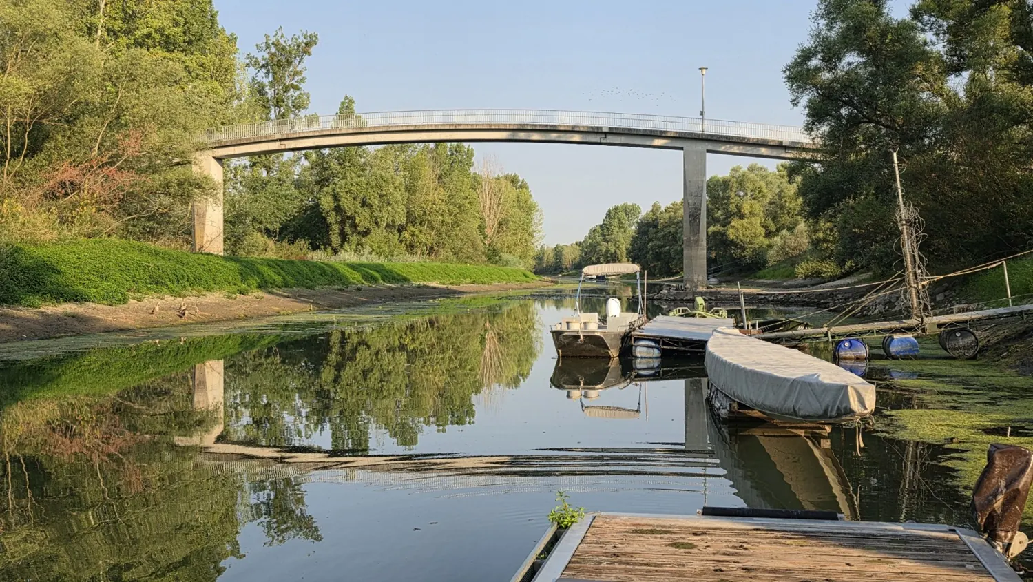 Die Altrheinbrücke (Martin-Roth-Brücke) und Boote spiegeln sich im ruhigen Altrhein